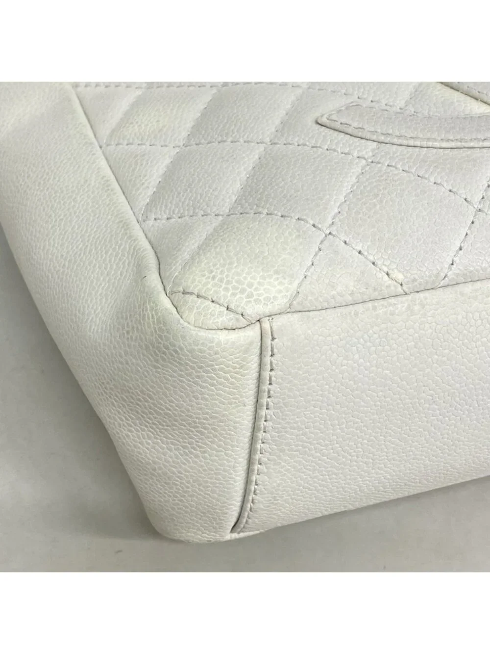 Chanel Shoulder Bag Quilted Caviar Leather White Silver
